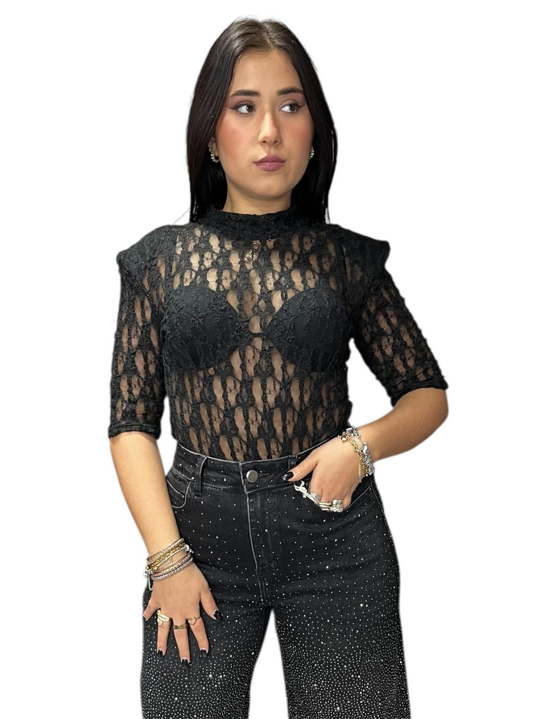 Body in viscosa elasticizzata, semitrasparente ricamata