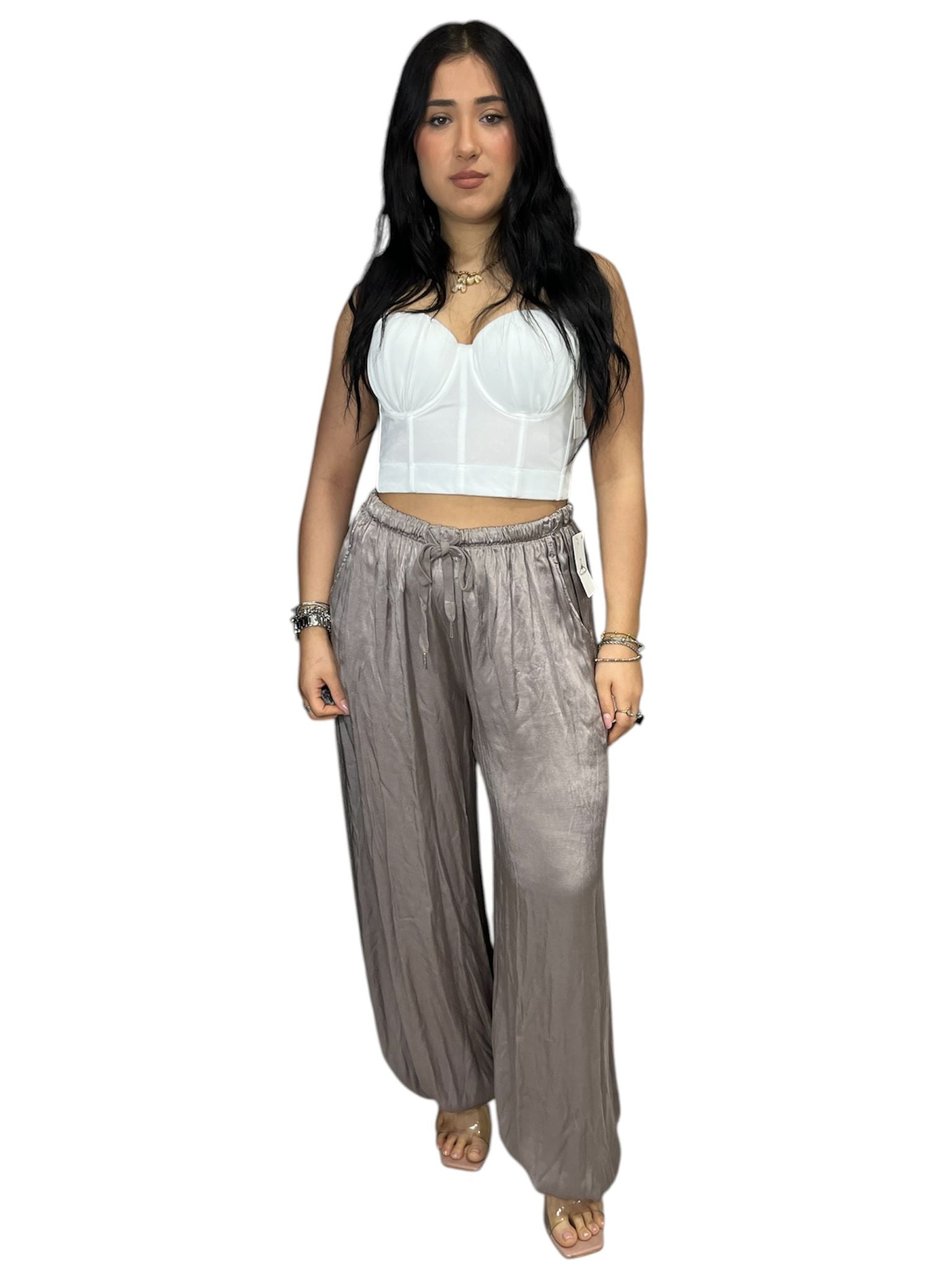 Pantalone Satin elasticizzato con elastico alle caviglie