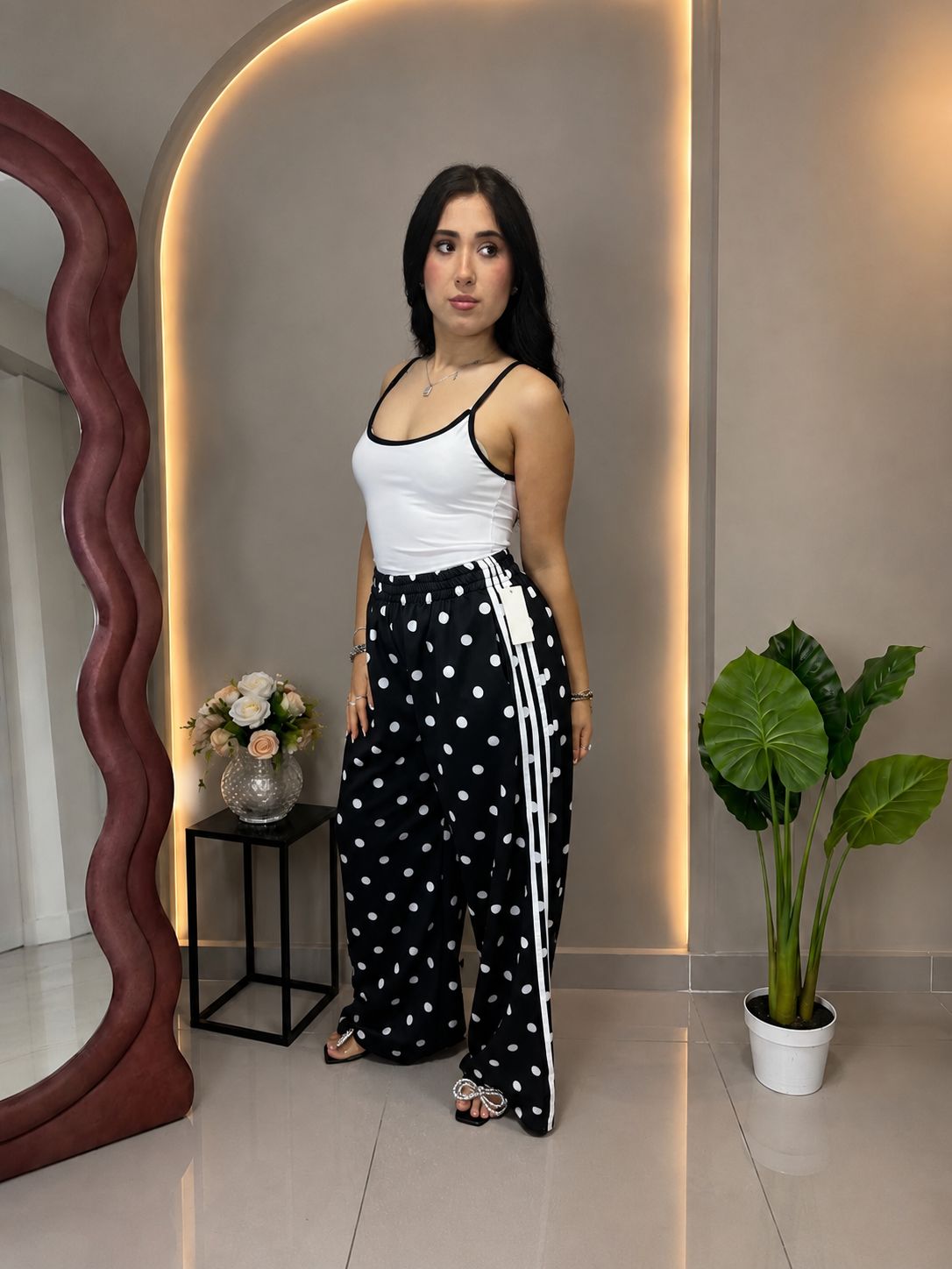 Pantalone a Pois Elasticizzato Con Righe