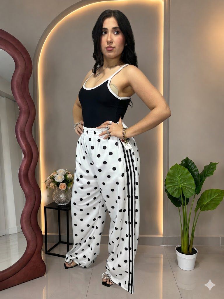 Pantalone a Pois Elasticizzato Con Righe
