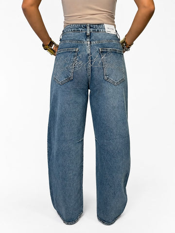 Jeans Glam Balloon strass sul retro scon scritta