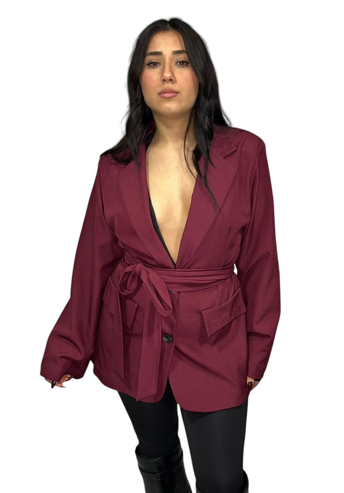 Blazer con cinturino foderato all'interno manica a campana