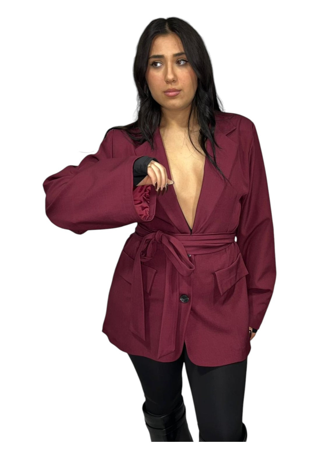 Blazer con cinturino foderato all'interno manica a campana