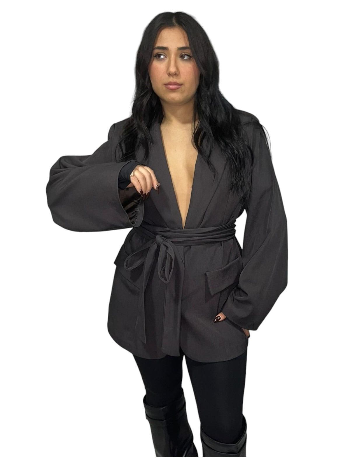 Blazer con cinturino foderato all'interno manica a campana