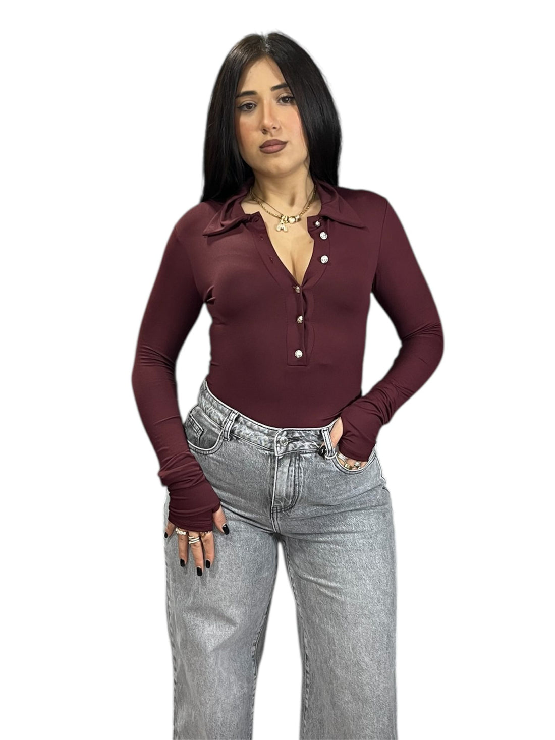 Body Vivienne con manicotti e bottoncini in oro sul decolletè