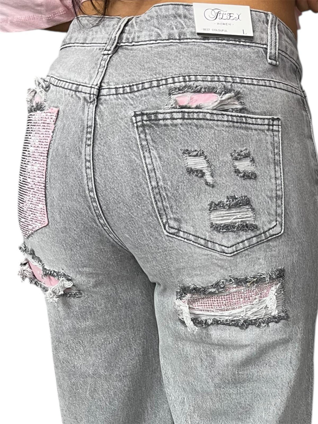 Jeans grigio con tasca glitter rosa