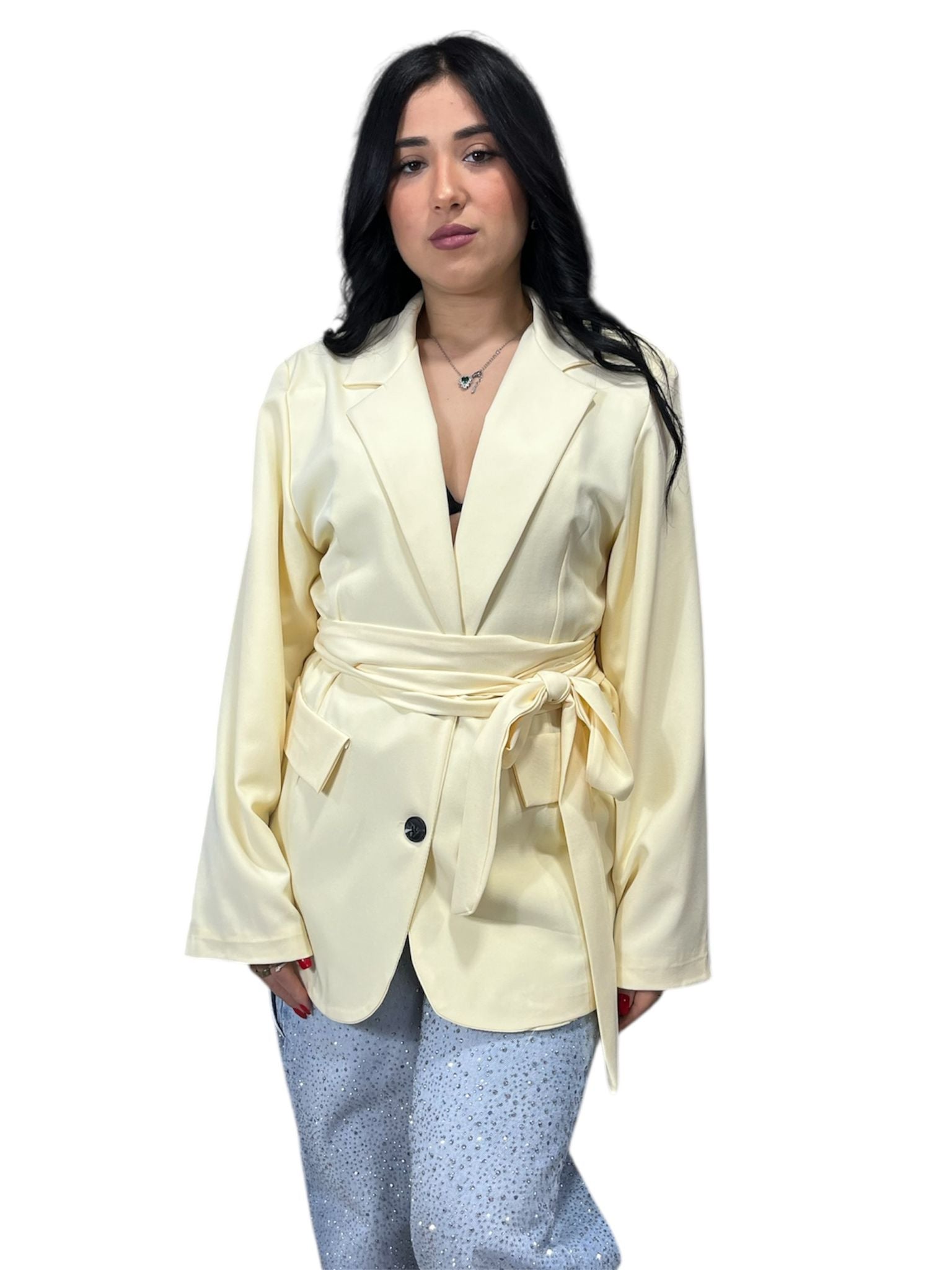Blazer con cinturino foderato all'interno manica a campana