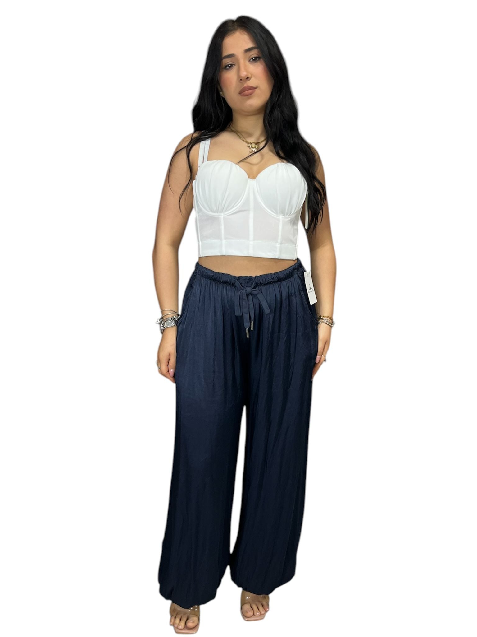Pantalone Satin elasticizzato con elastico alle caviglie
