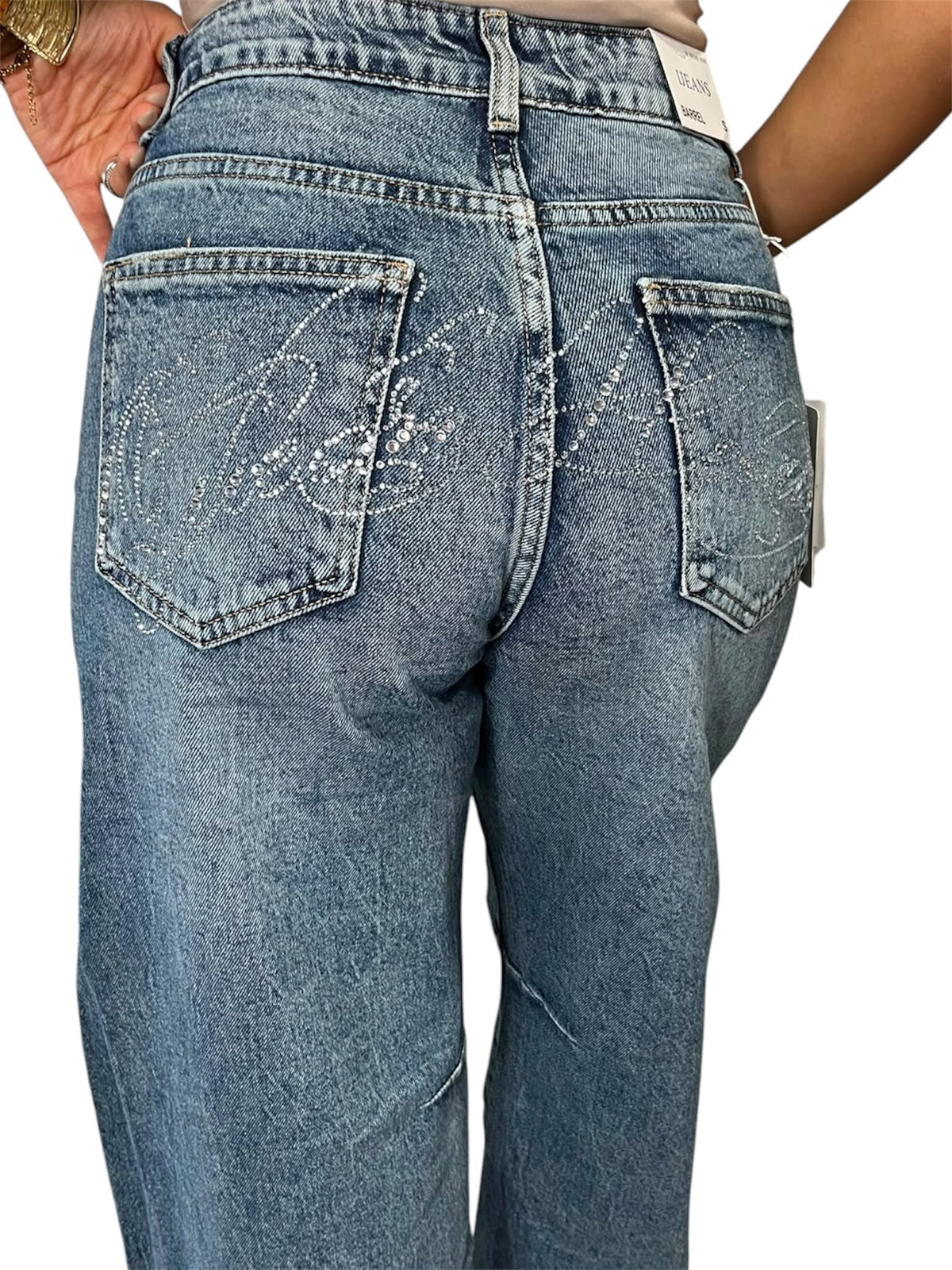 Jeans Glam Balloon strass sul retro scon scritta