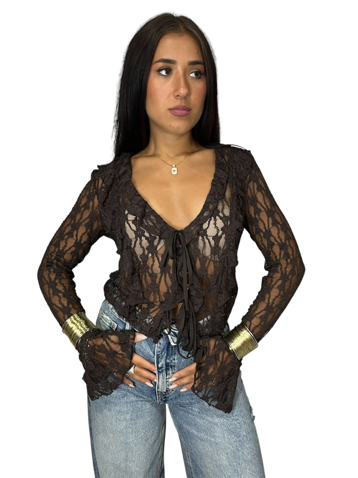 Maglia con ricamatura in pizzo e manica a campana